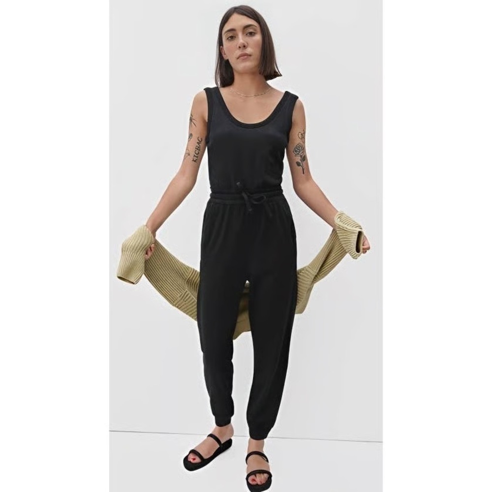 Everlane The French Terry Drawstring Waist Black Jumpsuit Size Medium